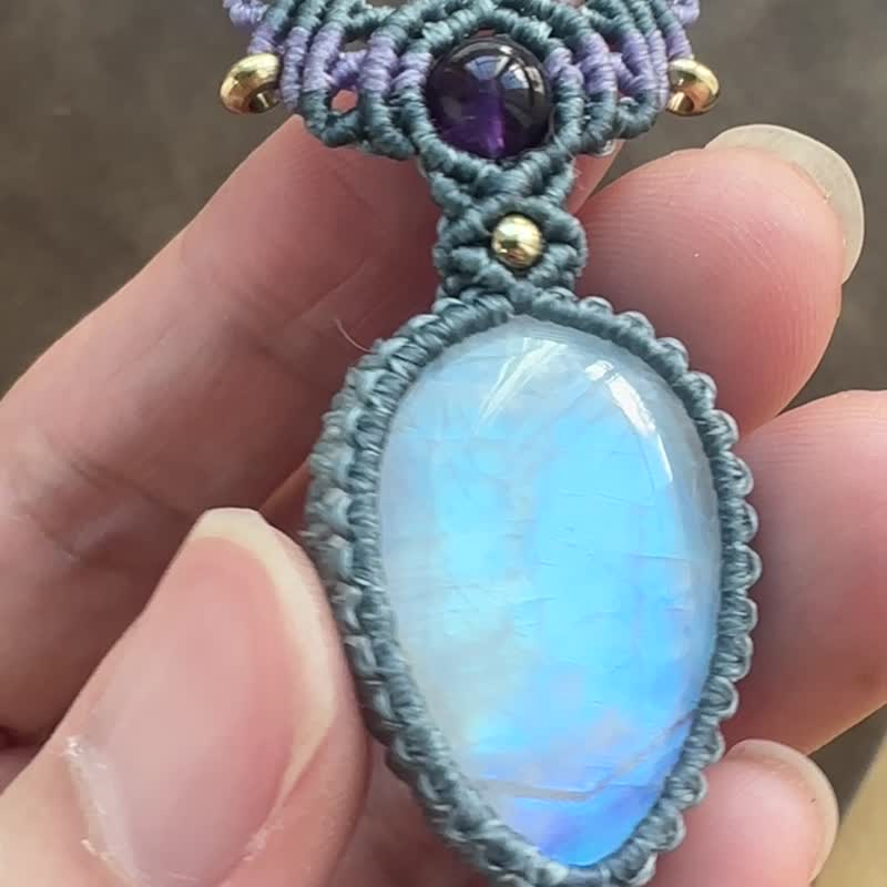 N898 民族風 蠟線編織 月亮石 銅珠 紫水晶 頸鏈 (可調長度) - 項鍊 - 寶石 灰色