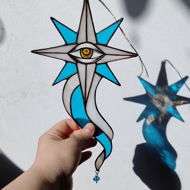 Blue and white star, Stained glass ornament, Celestial home decor, Star Art - 壁貼/牆壁裝飾 - 玻璃 多色