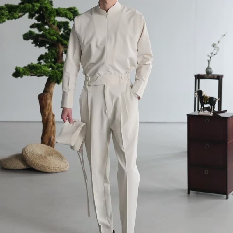 Chaotic Mountain Twilight/New Chinese Style Conical Pants Original Design Single Button Apricot Double Pleated Trousers Casual Spring and Summer High Waist - Men's Pants - Cotton & Hemp Khaki