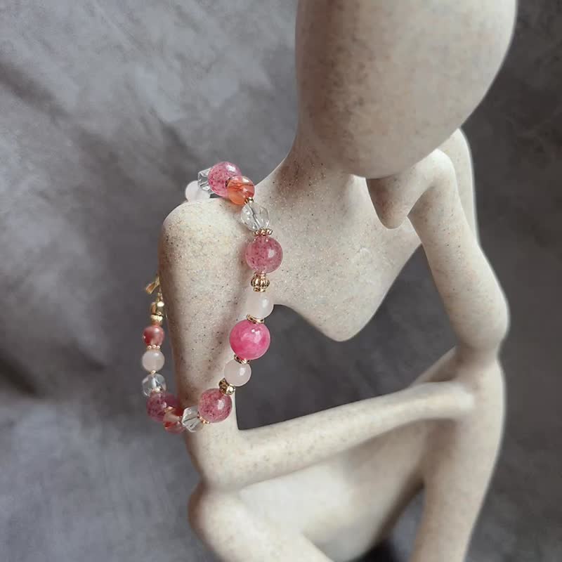 Sakura Rain + Pink Quartz + Strawberry Quartz + Red Gum Flower 14k Gold 8-Character OT Buckle Bracelet - Bracelets - Semi-Precious Stones 