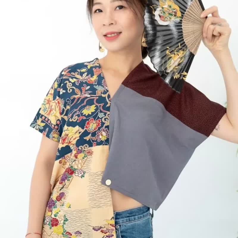 獨一無二日本絲質和風花鳥撞色拼接四角衣四方衣 - 背心/無袖上衣 - 絲．絹 多色