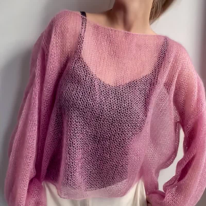 Lightweight pink mohair silk sweater, hand knit soft sheer pullover, mohair top - 女上衣/長袖上衣 - 其他材質 粉紅色