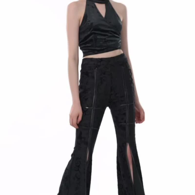 Punk Witch Faux Leather Velvet Flare Pants / Out of Print - กางเกงขายาว - วัสดุอื่นๆ สีดำ