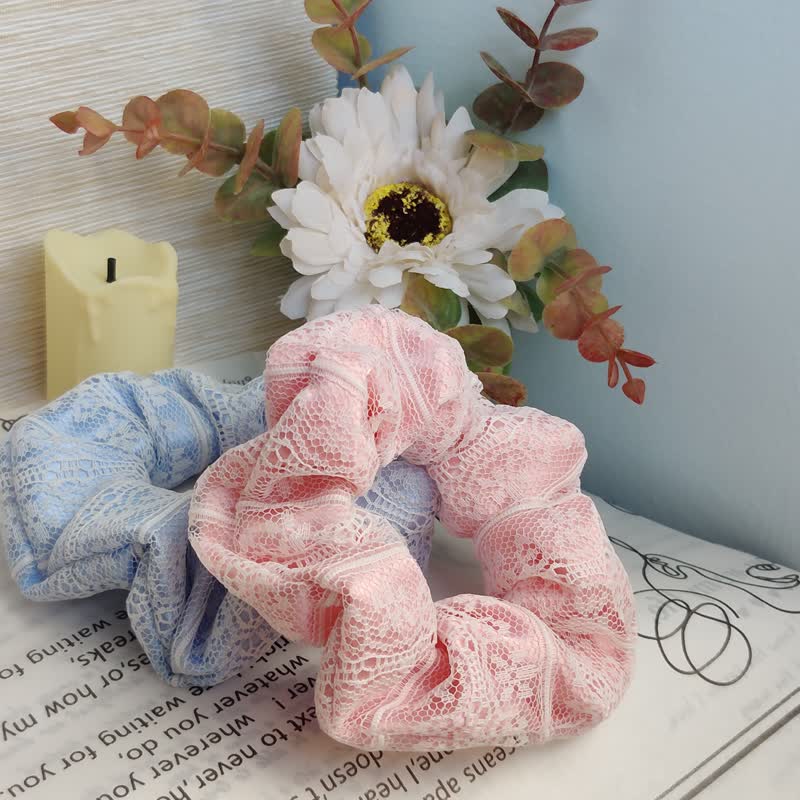 [Make up silk hair] Temperament lace satin hair tie - two colors (light pink/light blue) - Hair Accessories - Polyester Multicolor
