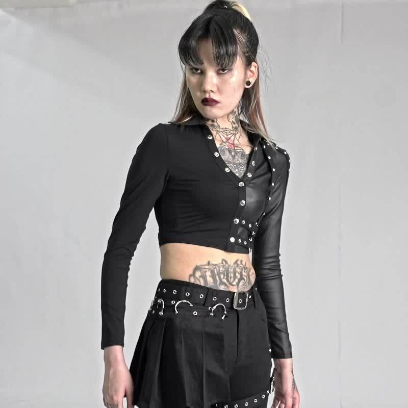 Punk Rebel Stitching Hollow Top / Out of print soon - Women's Tops - Other Materials Black