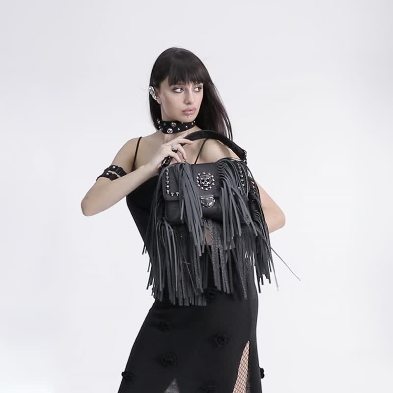 Punk Country of the Dead Skull Tassel Leather Bag/Hand/Side Back - Handbags & Totes - Other Materials Black