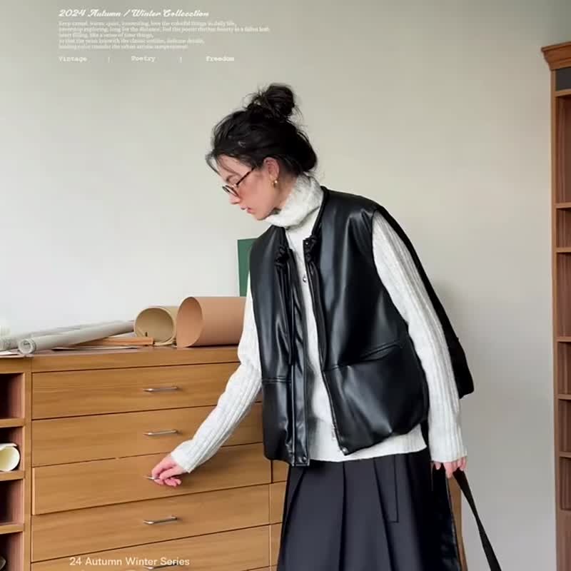 黑色 叛逆女孩 酷感環保PU皮馬甲 秋冬抽繩廓形設計外穿背心 - 女大衣/外套 - 人造皮革 黑色