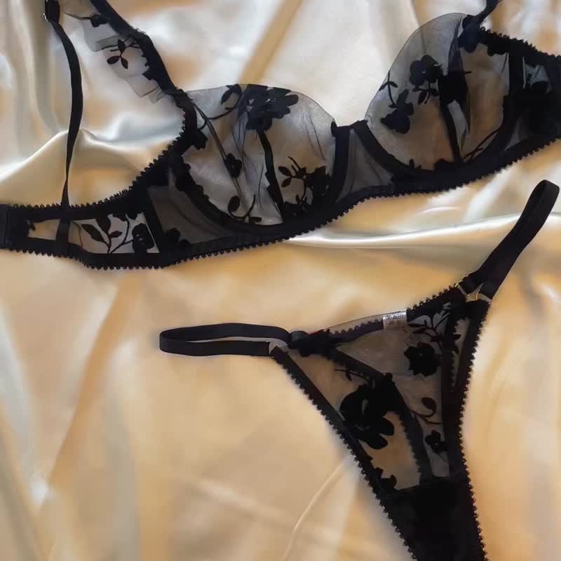 黑色玫瑰法式性感文胸套裝超薄網紗軟剛圈大胸顯小內衣 - 女內衣褲 - 聚酯纖維 黑色