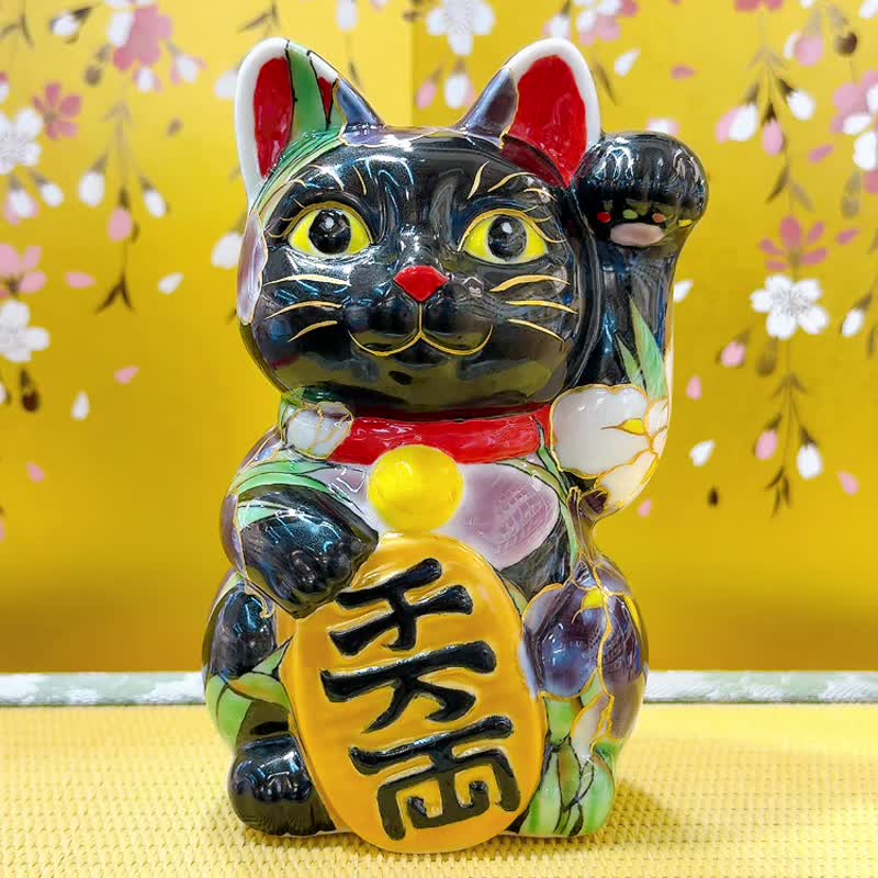 【菖彩信福】日本清水燒招財貓 | 黑地 - 菖蒲 - 擺飾/家飾品 - 瓷 綠色