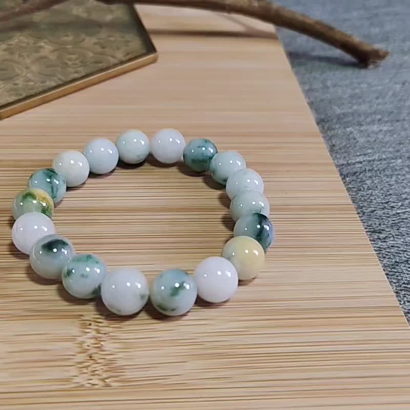 純翠 天然翡翠 冰飄藍綠花黃加綠大圓珠特殊色珠串 - 手鍊/手環 - 玉石 多色