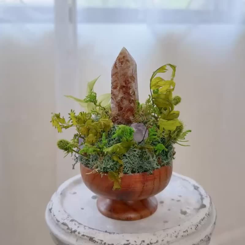 能量 焦糖黃水晶柱 。 微景觀永生葉材 綠植栽 - 盆栽/植栽 - 水晶 黃色