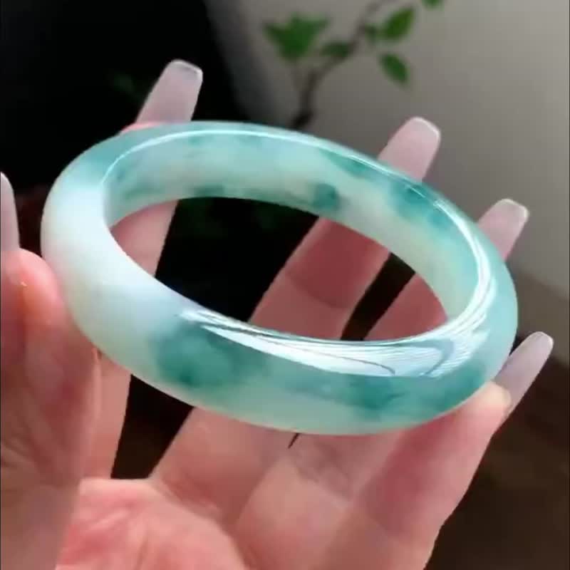 Ice Jade Natural Jade Bracelet A Jade Bracelet Jade Pony • Ice Blue Floating Flower Jade Blessing Bracelet - Bracelets - Jade Blue