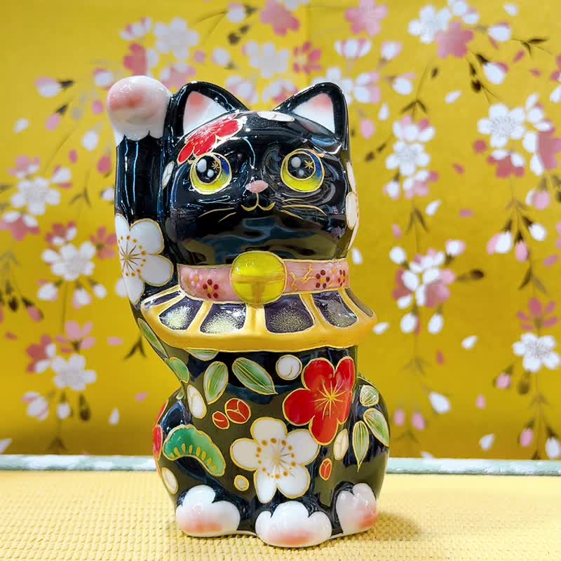 【松竹聚福】日本清水燒招財貓 | 色繪 - 黑地 松竹梅 - 擺飾/家飾品 - 瓷 黑色