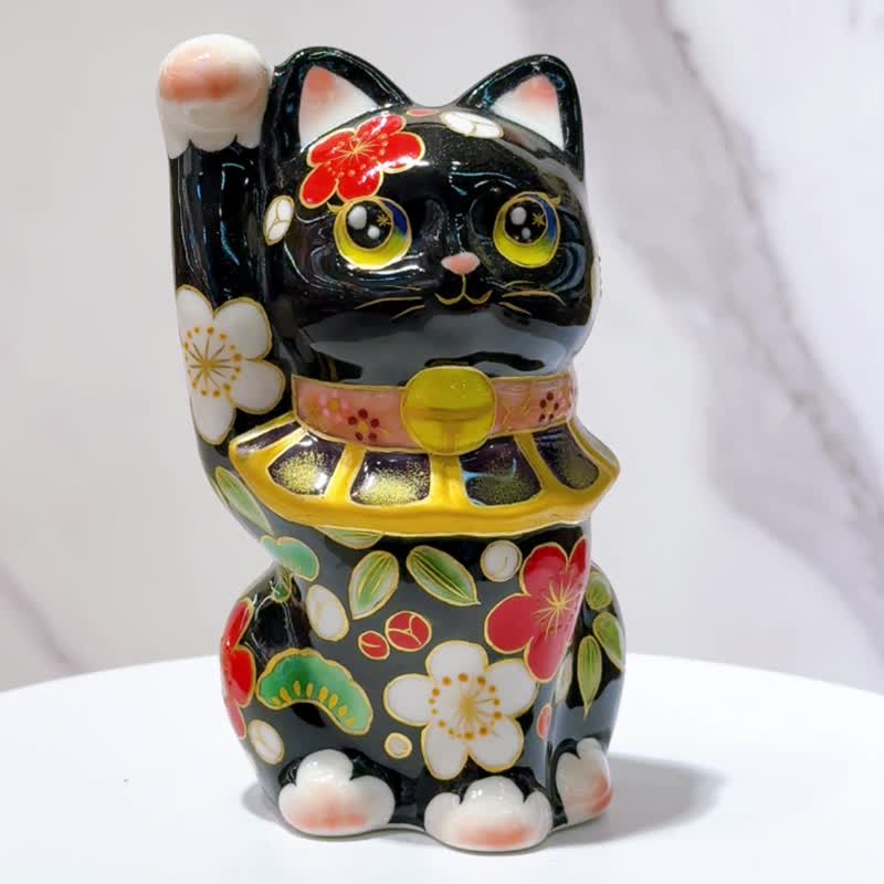 【松竹聚福】日本清水燒招財貓 | 色繪 - 黑地 松竹梅 - 擺飾/家飾品 - 瓷 黑色