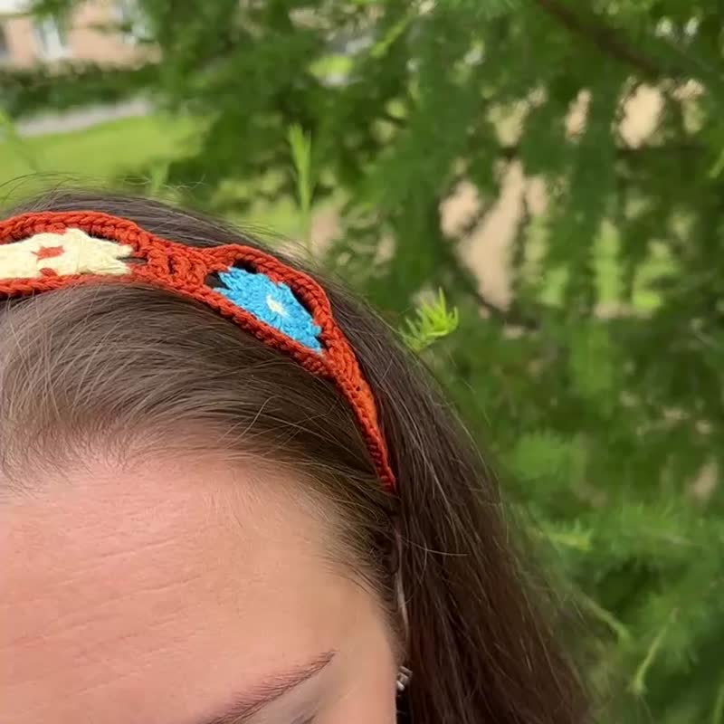 Japanese Flower braided headband.  Summer headband. Terracotta hair band. - 髮夾/髮圈 - 棉．麻 多色