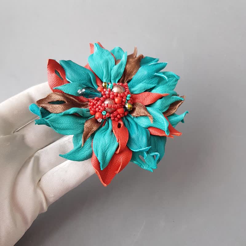 Turquoise leather brooch for her, Leather womens jewelry - Brooches - Genuine Leather Multicolor