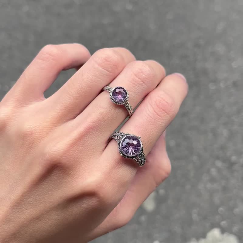 Silver Yao 925 Silver amethyst diamond cut diamond crystal living ring handmade silver jewelry ethnic style - แหวนทั่วไป - คริสตัล สีม่วง