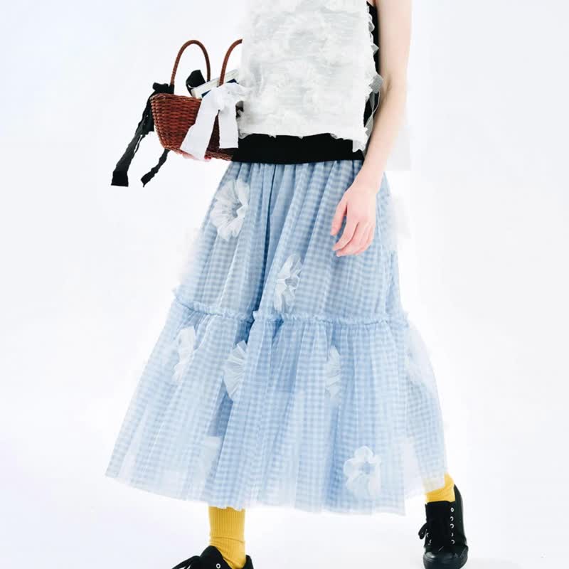 Summer pink and blue plaid embellished gauze skirt/skirt dreamy skirt - กระโปรง - วัสดุอื่นๆ สีน้ำเงิน