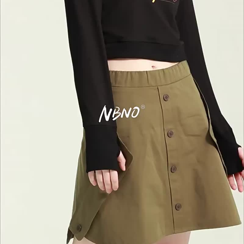 紐扣工裝短裙女  軍綠高腰A字半身裙子 - 裙子/長裙 - 棉．麻 