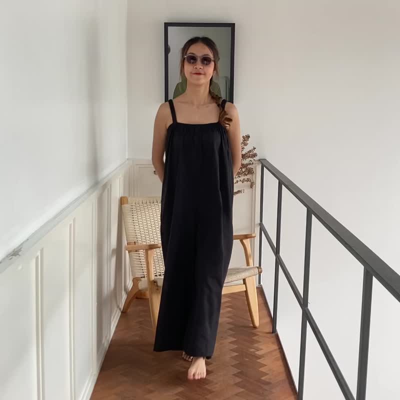 Cotton Jumpsuit Minimal Jumpsuit Cotton Overall - Black - 吊帶褲/連身褲 - 棉．麻 黑色