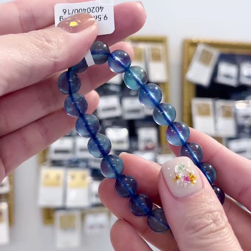 精品級濃色深海藍海藍寶9.5mm24.72g平衡情緒減緩壓力提高溝通 - 手鍊/手環 - 水晶 藍色