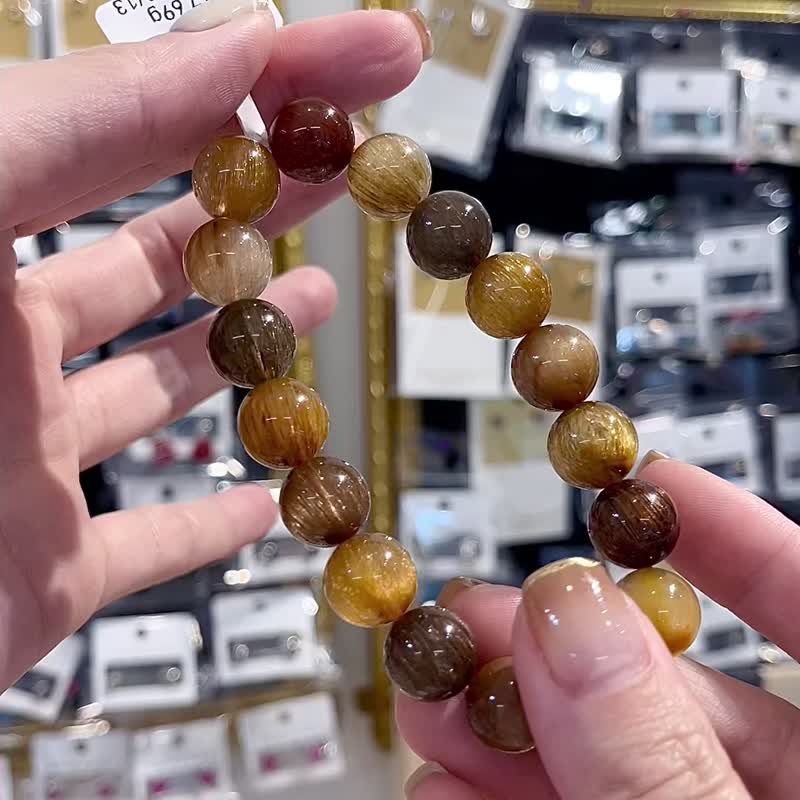 Earth-tone thick color strong light cat eye color hair crystal hand beads 12mm47.69g to improve the fortune of positive and partial wealth - สร้อยข้อมือ - คริสตัล สีนำ้ตาล