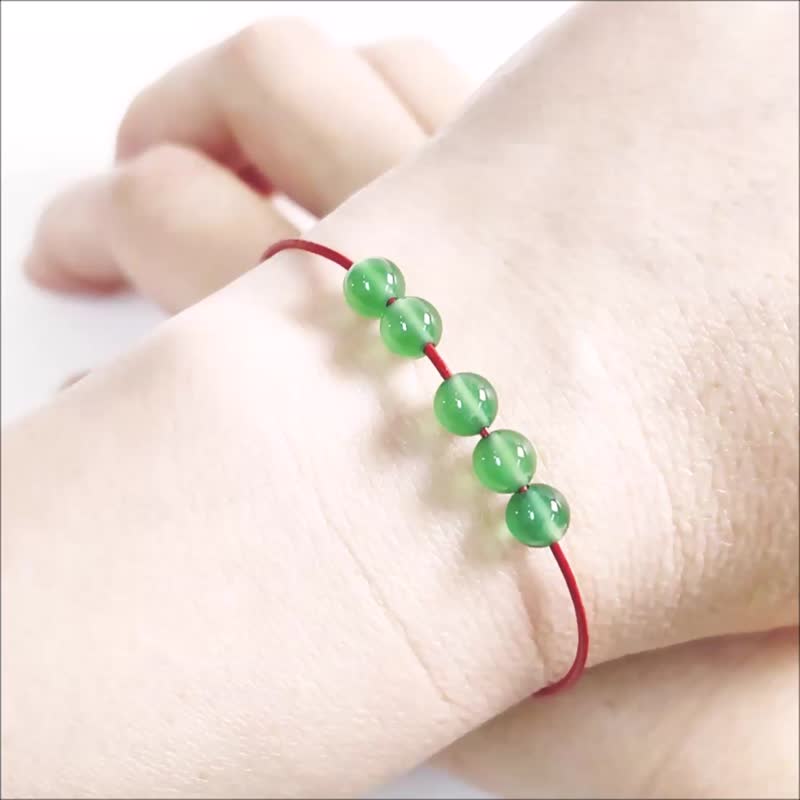 Green Agate August Lucky Leather Bracelet Quintuple Gems Blessing Red Cord - Bracelets - Semi-Precious Stones Red