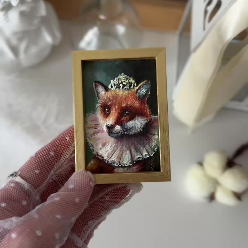 Original mini painting Fox with frame, Fox miniature, Fox wall decor, Forest art - 擺飾/家飾品 - 壓克力 多色