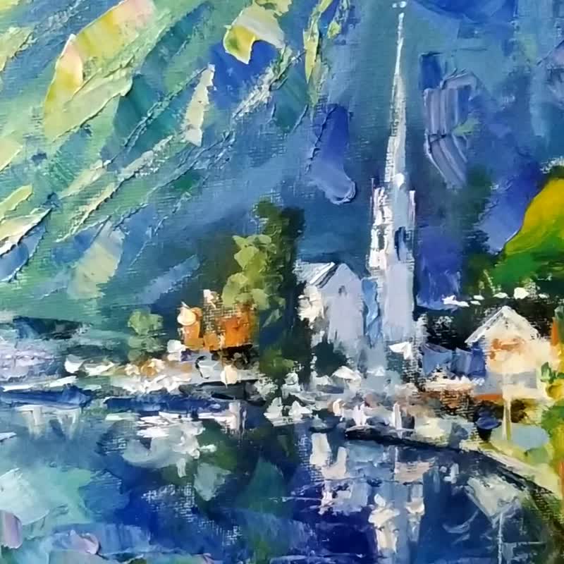Austrian Alps Painting Mountain Village Original Art Hallstatt Nature Summer - 海報/掛畫/掛布 - 其他材質 多色