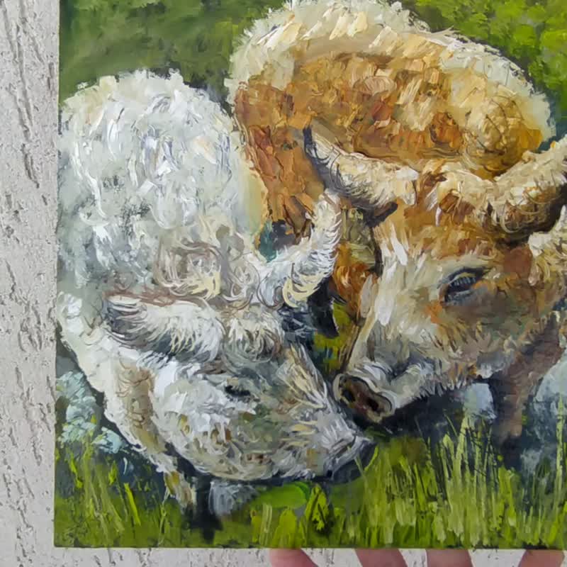 其他材質 海報/掛畫/掛布 咖啡色 - Pig Painting Farm Animals Original Art Animal Couple Oil Painting Pig Wall Art
