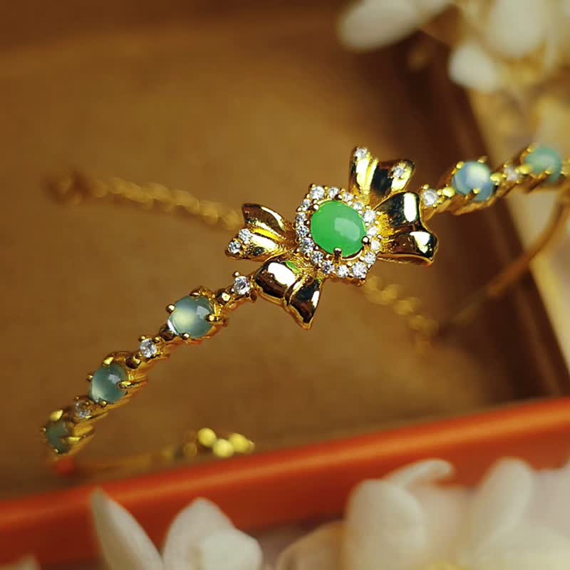 招財•健康•高貴|冰陽綠•藍剛|緬甸A貨翡翠純銀蝴蝶結手鐲鏈 - 手鍊/手環 - 玉石 