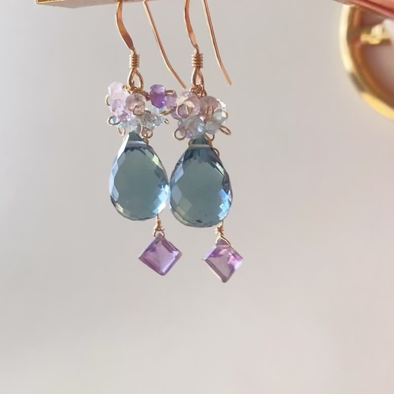 繡球花 14KGF 紫水晶 綠柱石 耳環 / 耳夾 - 耳環/耳夾 - 寶石 藍色