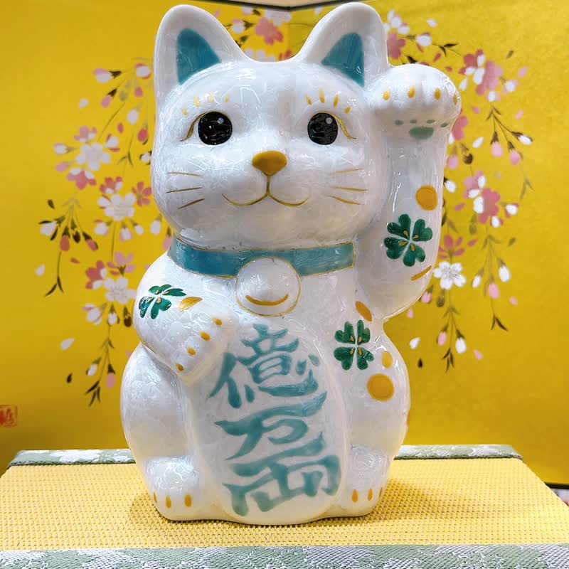 【皓晶聚財】日本清水燒招財貓 | 花結晶白 - 億万両 特大 左 - 擺飾/家飾品 - 瓷 白色