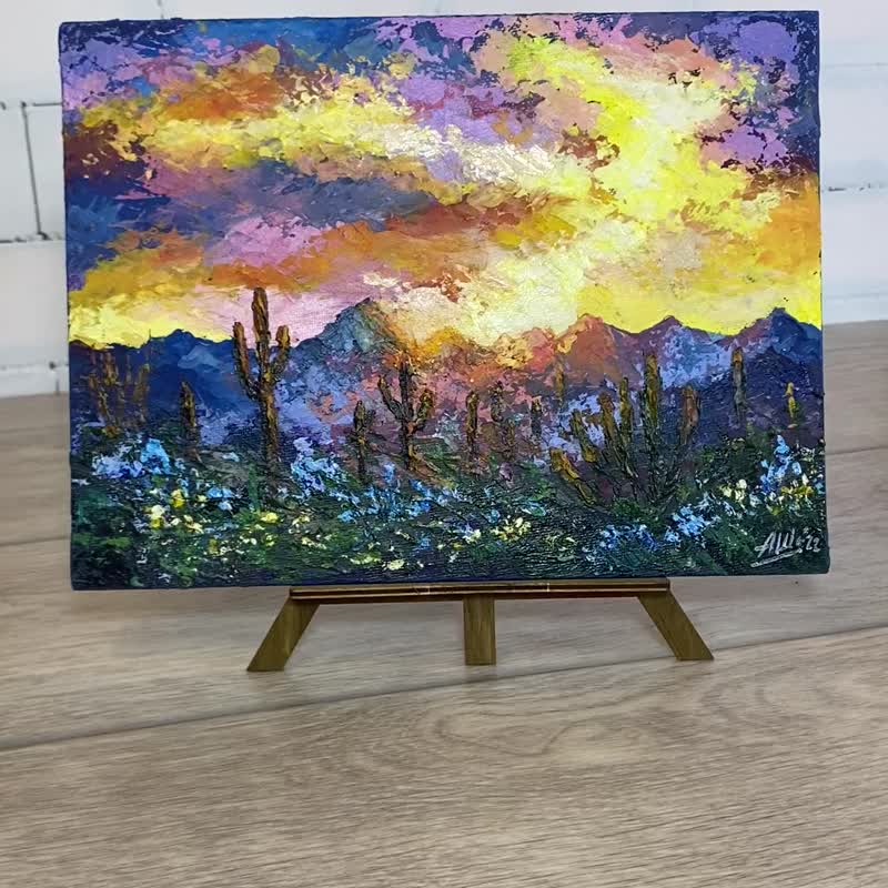 Cactus Painting Original Acrylic Painting Sunset Sky Art Mountain Landscape - ตกแต่งผนัง - วัสดุอื่นๆ หลากหลายสี