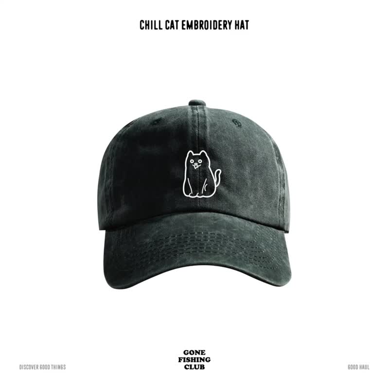CHILL CAT EMBROIDERY HAT / 口水貓刺繡Cap帽 5色洗水 男女同款 - 帽 - 棉．麻 多色