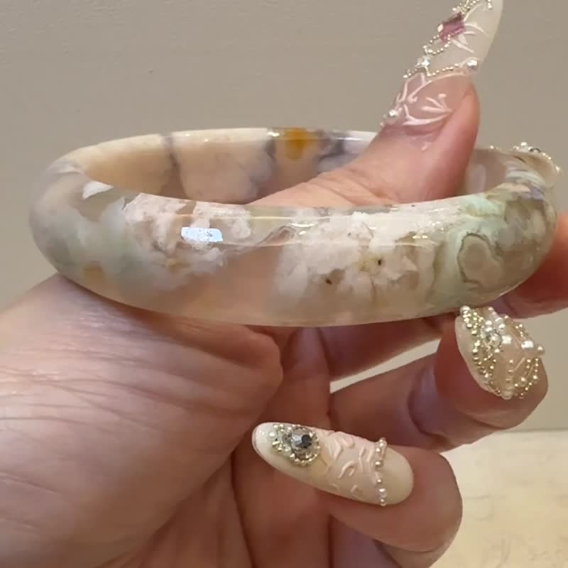 櫻花瑪瑙手鐲 瑪瑙手鐲滿圈小菜園子綠水蜜桃粉油畫風圈口56/57 - 手鍊/手環 - 玉石 