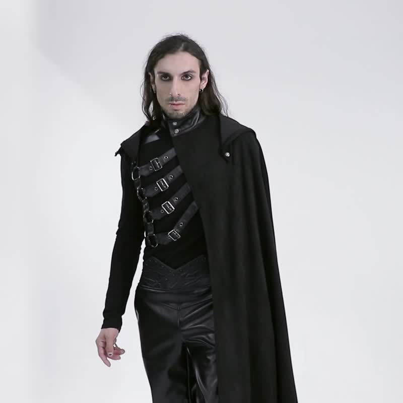 Punk Fire Magi hooded one-shoulder cape/suede/detachable hood - เสื้อโค้ทผู้ชาย - วัสดุอื่นๆ สีดำ