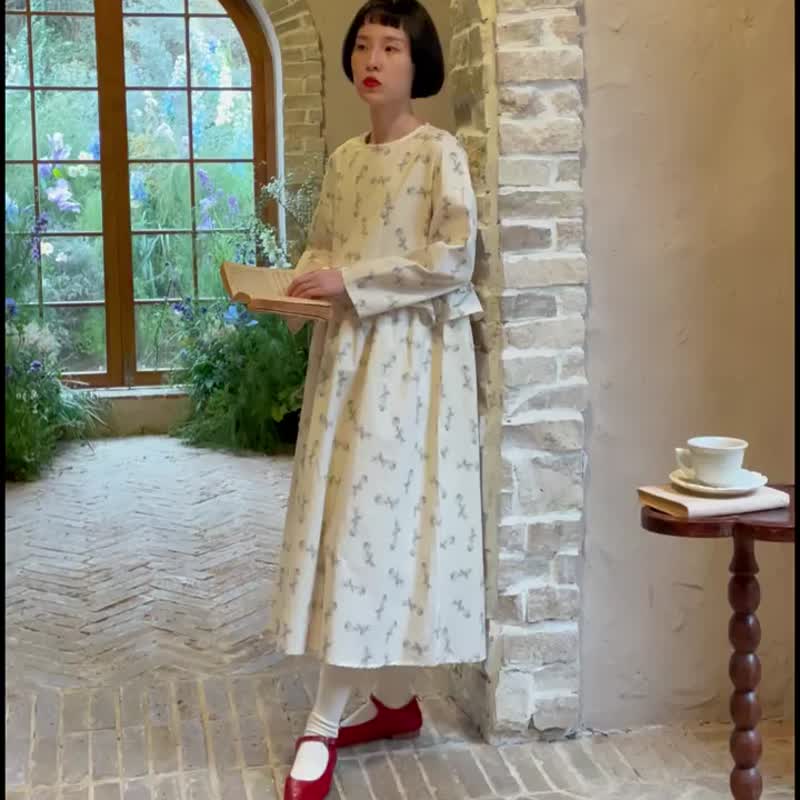 奶油玫瑰印花 圓領荷葉邊假兩件洋裝 拼接寬鬆收腰連衣裙 - 洋裝/連身裙 - 棉．麻 黃色