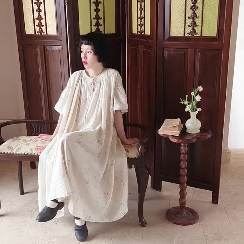 春芽 新中式國風文藝復古竹子印花洋裝 圓領繫帶寬鬆裙子連身裙 - 洋裝/連身裙 - 其他人造纖維 白色