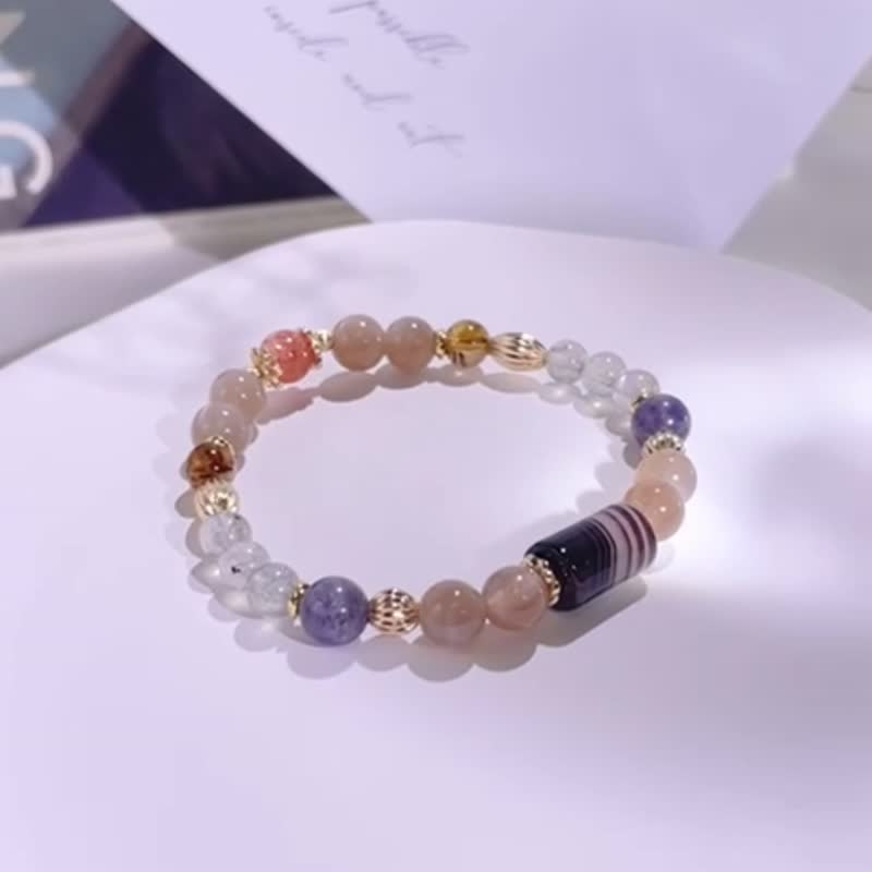 The sea facing the light | Persian Gulf agate | moonlight | cordierite | sun Stone| coffee titanium | A2413 - สร้อยข้อมือ - คริสตัล สีส้ม