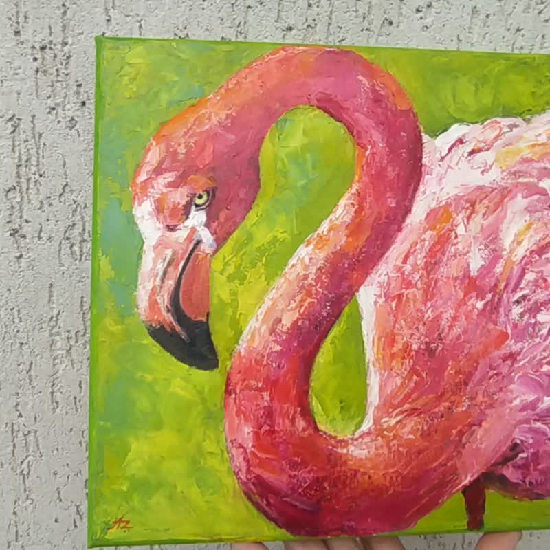 Flamingo Painting Pink Bird Original Art Set of two paintings Canvas 25 by 25 - โปสเตอร์ - วัสดุอื่นๆ สึชมพู