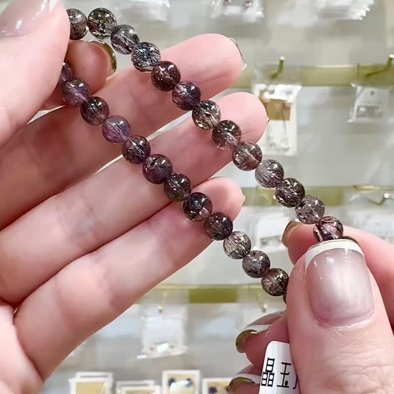 超七王者天然稀有黑紅超七6mm9.55g礦多爆閃黑煙花彼岸花三輪骨幹 - 手鍊/手環 - 水晶 黑色