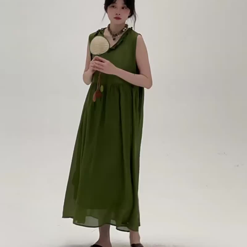 2顔色 花邊V領苧麻洋裝 文藝復古寬鬆休閒長裙 細肩帶連衣長裙 - 洋裝/連身裙 - 棉．麻 綠色