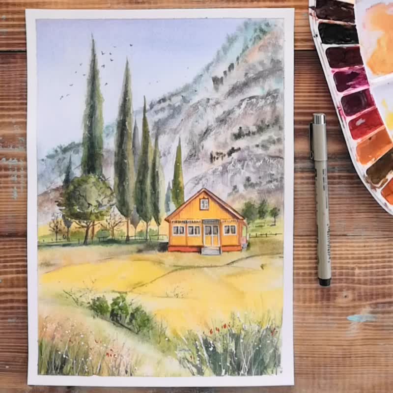 Summer Landscape Handmade Painting Rustic Original Watercolor Mountains Wall Art - 海報/掛畫/掛布 - 紙 多色