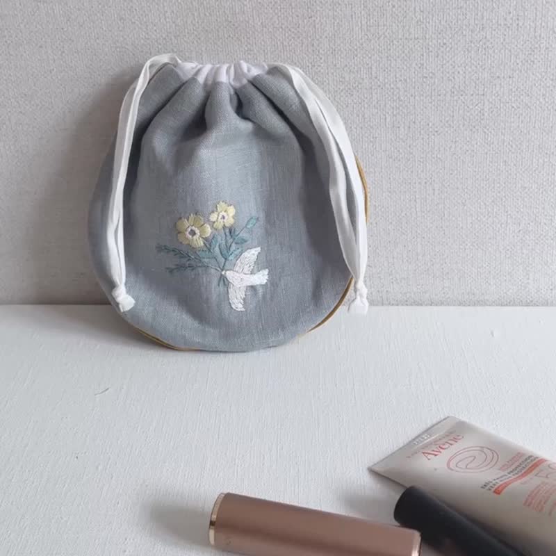 刺繡花鳥鑲邊束口袋材料組－全程影片教學 新手ok - 編織/刺繡/羊毛氈/縫紉 - 棉．麻 