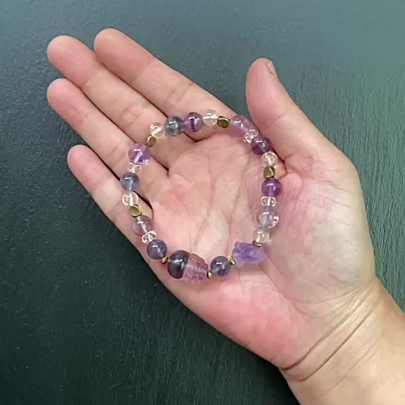 紫水晶 白水晶 紫晶骨幹 漸層螢石貔貅黃銅手鍊 客製化禮物 - 手鍊/手環 - 水晶 多色