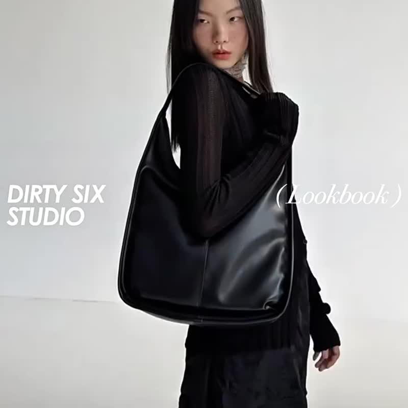 黑色 黑天鵝 店主自留 極簡線條寬肩帶 肩背托特包 復古腋下包 - 手提包/手提袋 - 人造皮革 黑色
