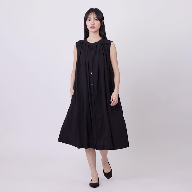 Birdie Floral Natural Cotton Linen Maxi Shirt One-piece/ Black - ชุดเดรส - ผ้าฝ้าย/ผ้าลินิน สีดำ