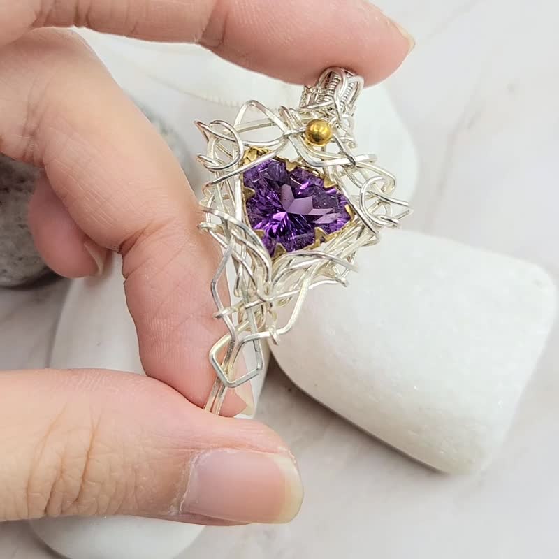 紫菱 999純銀 手工繞線 寶石刻面 紫晶 純銀頸鍊 - 項鍊 - 半寶石 