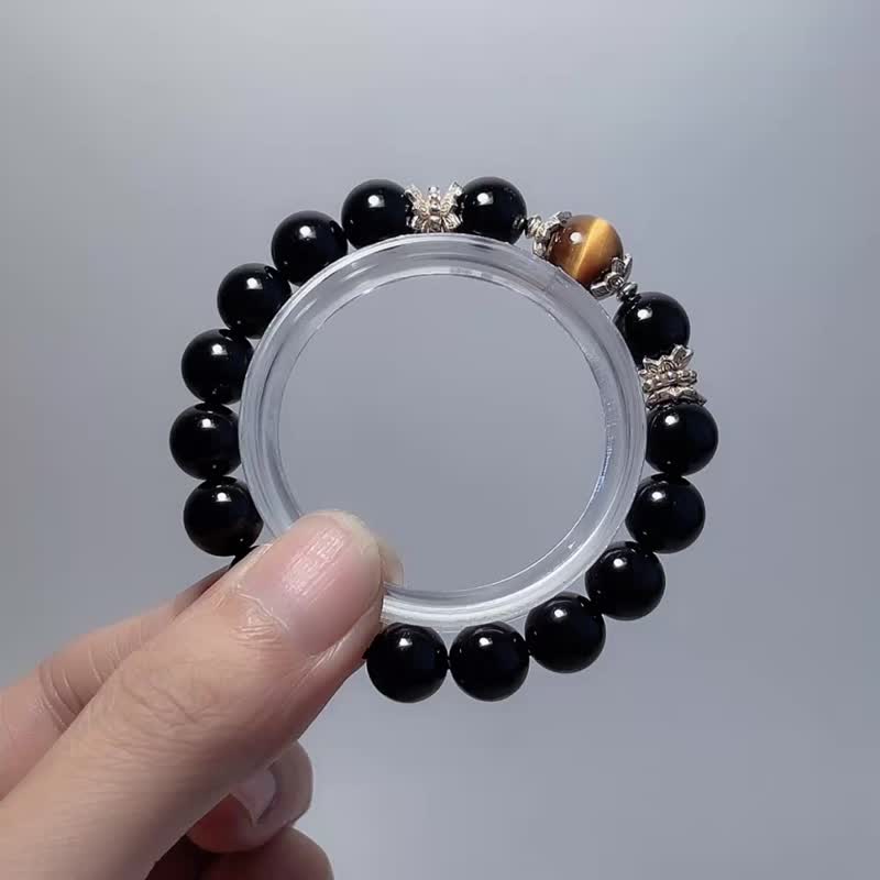 極度避邪 天然礦石 黑碧璽 10 mm 黃虎眼 925純銀 手鍊 - 手鍊/手環 - 寶石 黑色